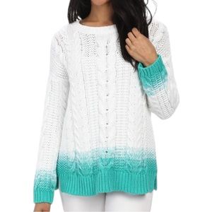 Tommy Bahama White Teal Ombré Dipped Long Sleeve Sweater Cable Knit size Medium
